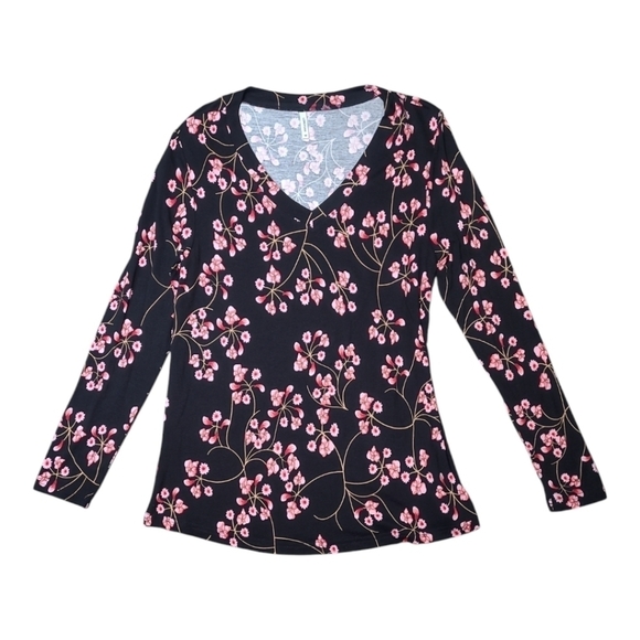Black Pink Floral V-Neck Long Sleeve Top Medium Soft Stretch Everyday Casual - Picture 10 of 12